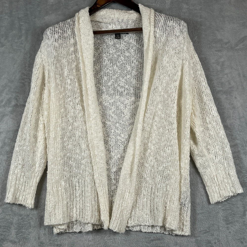 Womens XL Open Front Cardigan Sweater Ivory Textured Lightweight Boho Knit